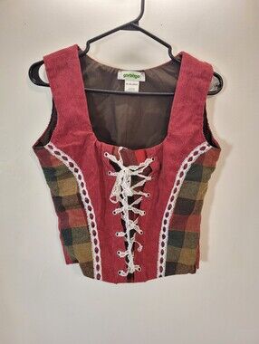 Garbage Handmade Recycled Materials Red Corduroy Lace-Up Plaid Corset - S/M